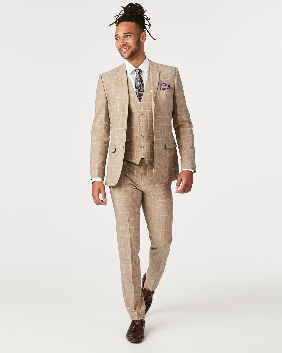 Mens Tan Check Suit Vest